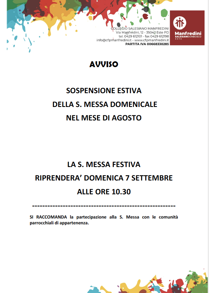 SOSPENSIONE ESTIVA DELLA S. MESSA DOMENICALE NEL MESE DI AGOSTO